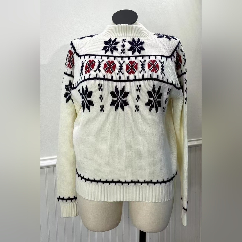 White and Black Cowl Neck Sweater with Nordic Pattern